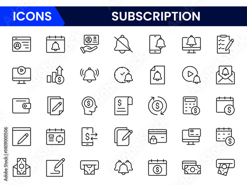 Vector illustration web line icon collection depicting subscription services—magazines, streaming, memberships, recurring payments, digital content, boxes, and exclusive access.