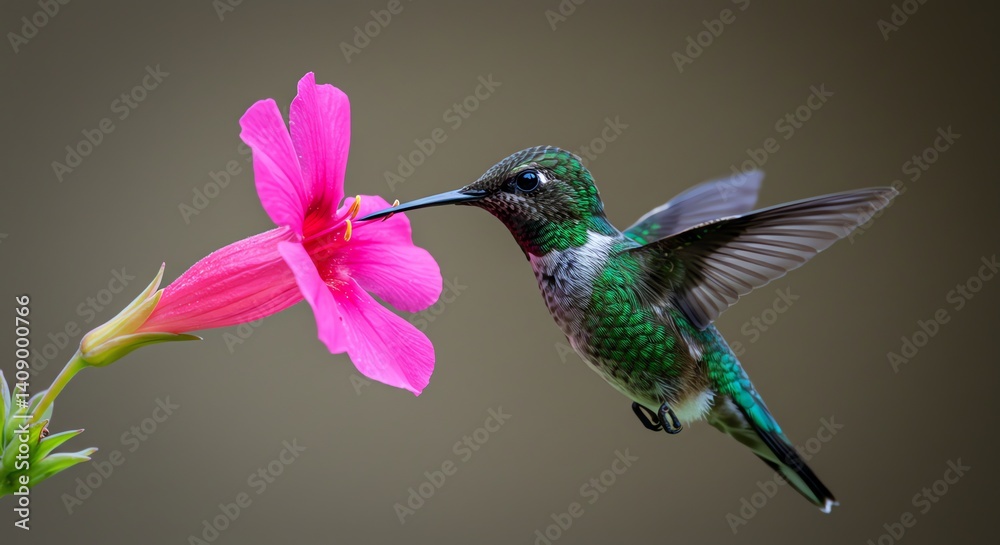 Fototapeta premium Hummingbird drinking nectar from a vibrant pink flower in natural setting
