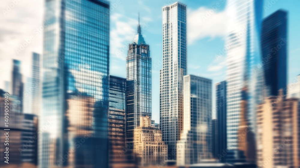 City skyline featuring buildings under a clear blue sky with fluffy clouds. City skyline featuring buildings under a clear blue sky with fluffy clouds.