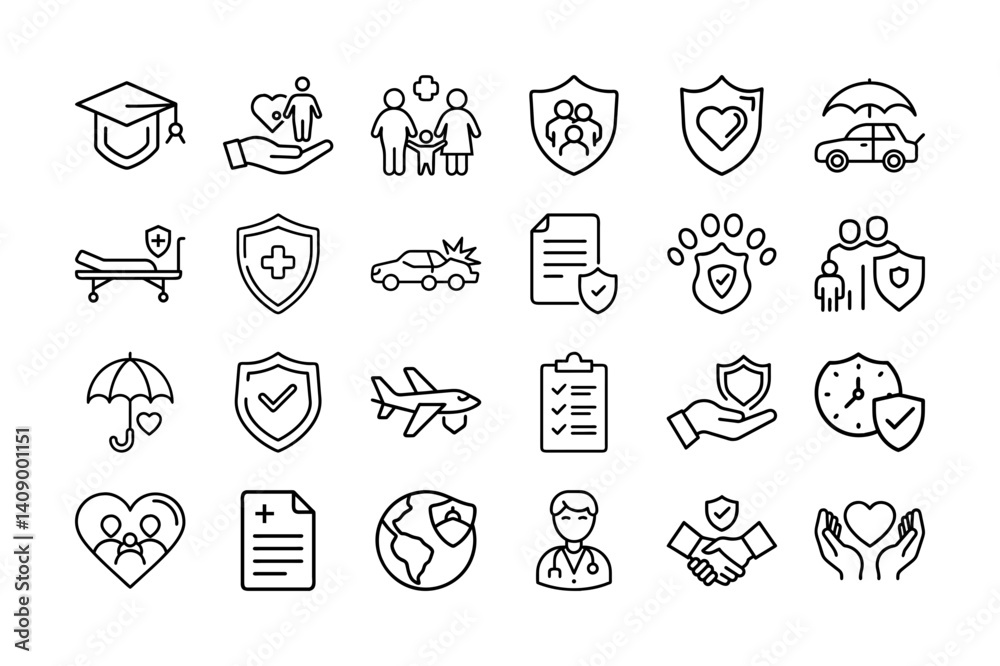 Fototapeta premium Insurance Icons Set – Family, Health, Car, Pet, and Life Protection Symbols
