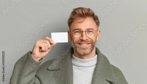 Smiling Mature Man in Green Coat Holding Blank Business Card