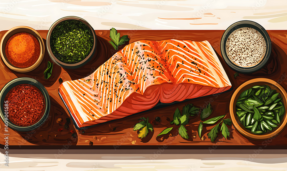 salmon in various forms and production processes, from raw cuts and packaging to cooking, serving, and seafood industry scenes. Generative AI Illustration