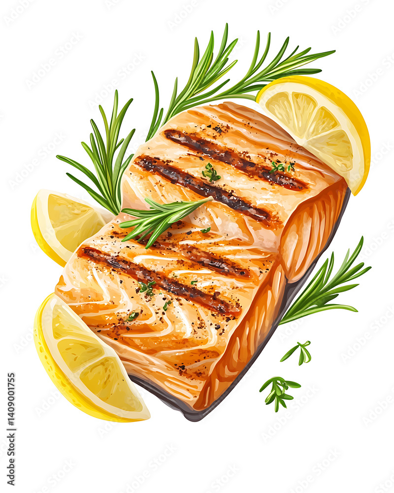 salmon in various forms and production processes, from raw cuts and packaging to cooking, serving, and seafood industry scenes. Generative AI Illustration