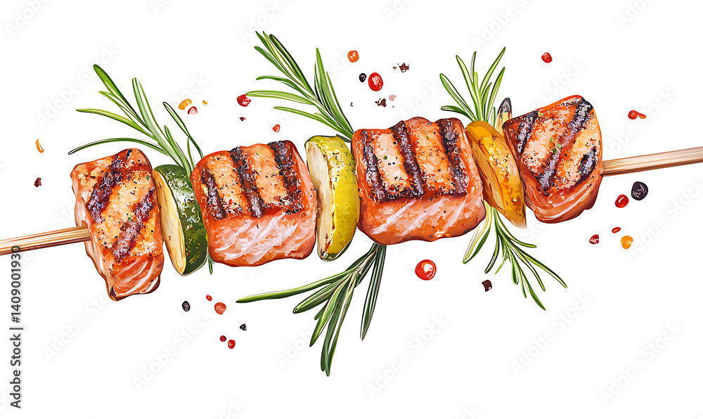 salmon in various forms and production processes, from raw cuts and packaging to cooking, serving, and seafood industry scenes. Generative AI Illustration