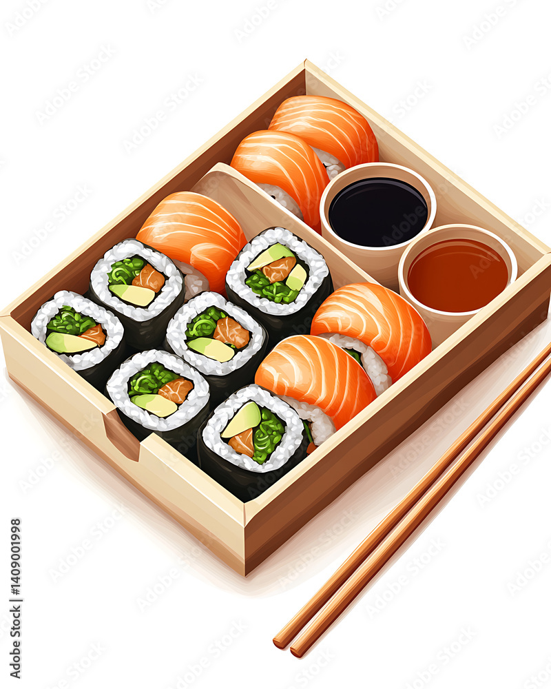 salmon in various forms and production processes, from raw cuts and packaging to cooking, serving, and seafood industry scenes. Generative AI Illustration