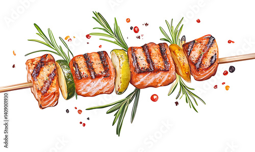 salmon in various forms and production processes, from raw cuts and packaging to cooking, serving, and seafood industry scenes. Generative AI Illustration