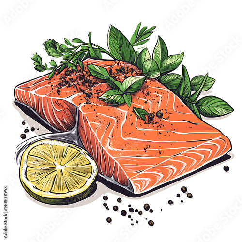 salmon in various forms and production processes, from raw cuts and packaging to cooking, serving, and seafood industry scenes. Generative AI Illustration