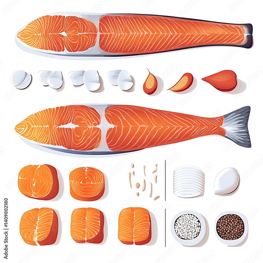 salmon in various forms and production processes, from raw cuts and packaging to cooking, serving, and seafood industry scenes. Generative AI Illustration
