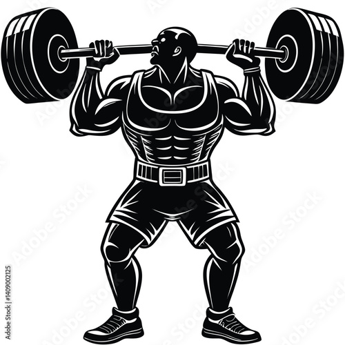 Monochrome Muscular Weightlifter with Barbell, Concentrated Expression, Strong Bodybuilder