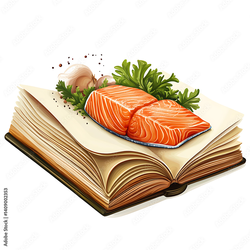 salmon in various forms and production processes, from raw cuts and packaging to cooking, serving, and seafood industry scenes. Generative AI Illustration