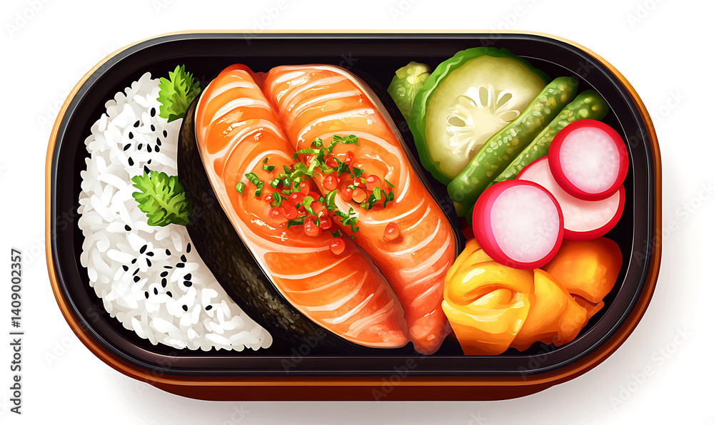 salmon in various forms and production processes, from raw cuts and packaging to cooking, serving, and seafood industry scenes. Generative AI Illustration
