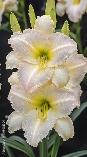 Elegant Cream Daylilies with Dew Drops Closeup photo