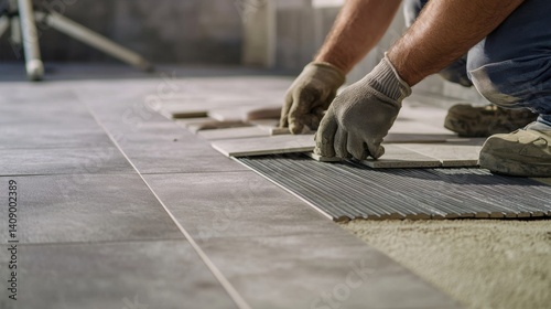 Tiler placing ceramic tiles on bathroom floor during renovation. Featuring precision and attention