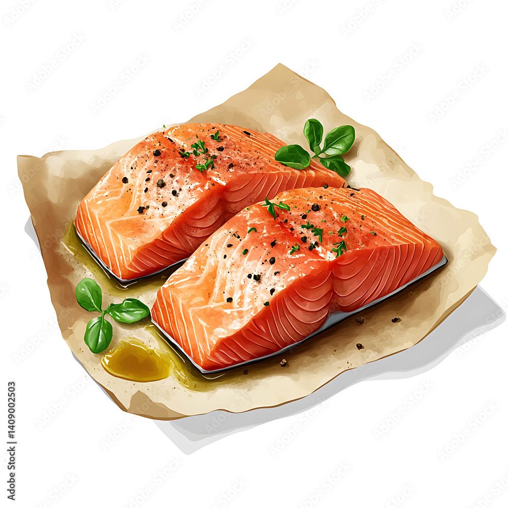 salmon in various forms and production processes, from raw cuts and packaging to cooking, serving, and seafood industry scenes. Generative AI Illustration