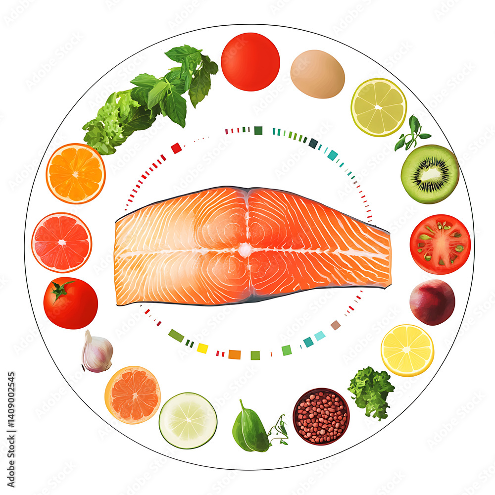 salmon in various forms and production processes, from raw cuts and packaging to cooking, serving, and seafood industry scenes. Generative AI Illustration