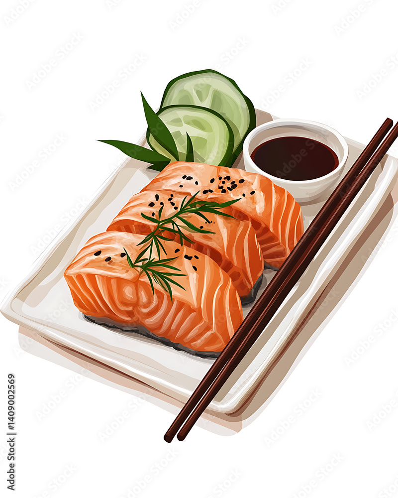 salmon in various forms and production processes, from raw cuts and packaging to cooking, serving, and seafood industry scenes. Generative AI Illustration