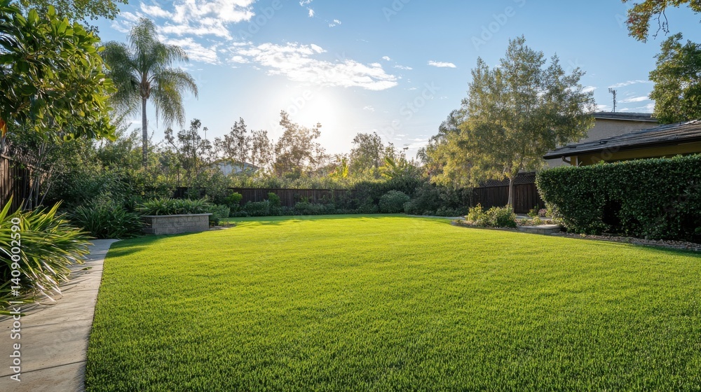 Fototapeta premium A serene, empty backyard with vibrant green grass under a brilliant blue sky, no trees 