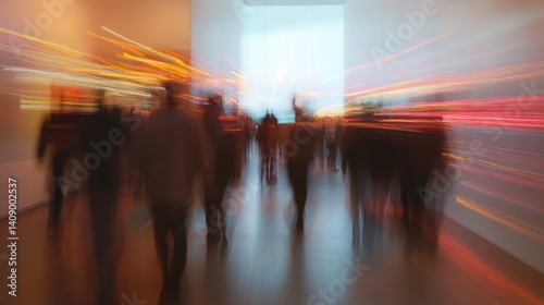 Fototapeta Naklejka Na Ścianę i Meble -  A dynamic scene of people in motion within a modern space, capturing the essence of urban life and movement.