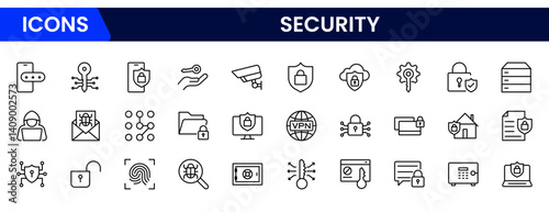 Vector illustration web line icon collection showcasing security elements such as shield, lock, password, surveillance camera, firewall, encryption, fingerprint, antivirus, and secure access.