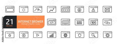 Set of line icons related to internet browser, website and more. Outline icons collection. Editable stroke. Vector illustration.