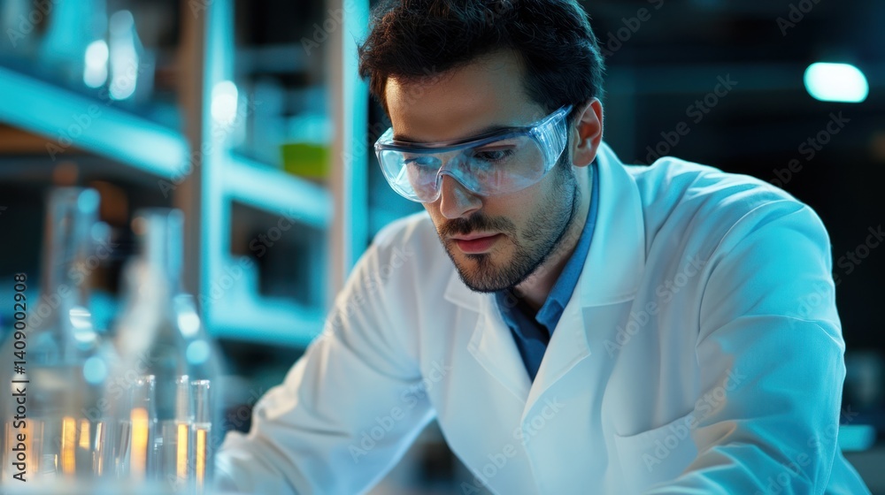 A focused scientist in a laboratory setting, examining data and conducting experiments with precision and care. A focused scientist in a laboratory setting, examining data and conducting experiments with precision and care.