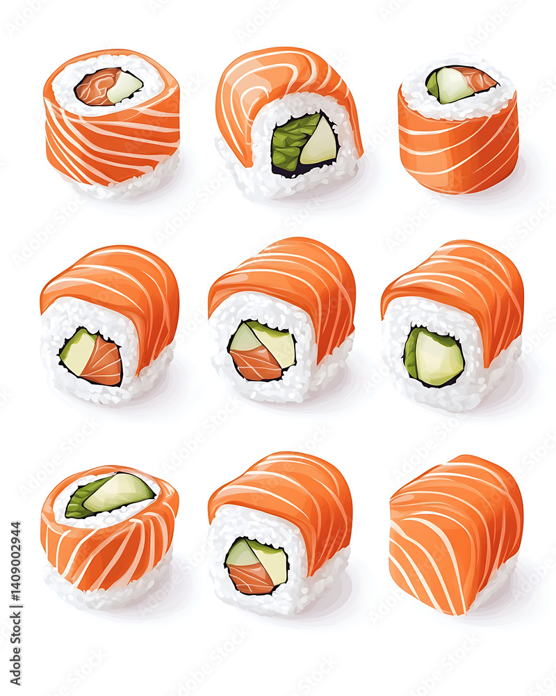 salmon in various forms and production processes, from raw cuts and packaging to cooking, serving, and seafood industry scenes. Generative AI Illustration
