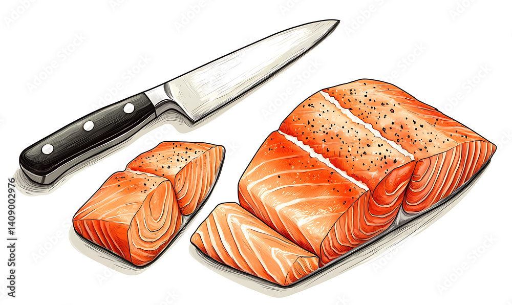 salmon in various forms and production processes, from raw cuts and packaging to cooking, serving, and seafood industry scenes. Generative AI Illustration