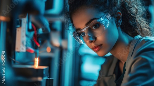 A focused woman in safety goggles working on a high-tech machine, showcasing dedication and precision in a modern lab environment.