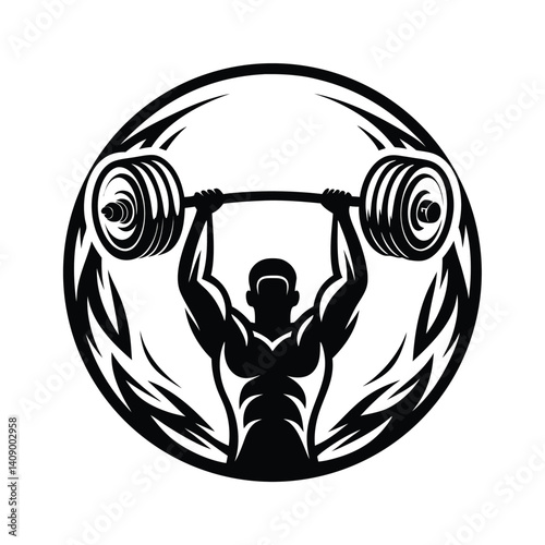 Silhouette of Muscular Man Lifting Barbell, Powerlifting Athlete in Circle, Black Design