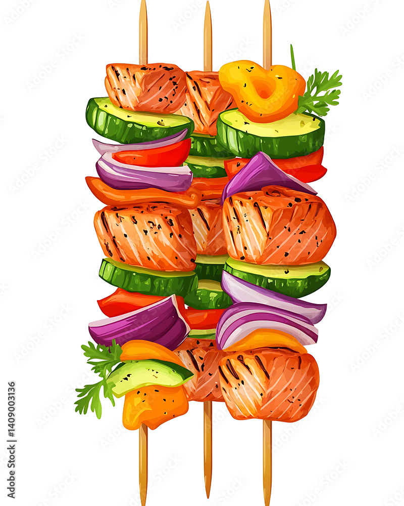salmon in various forms and production processes, from raw cuts and packaging to cooking, serving, and seafood industry scenes. Generative AI Illustration