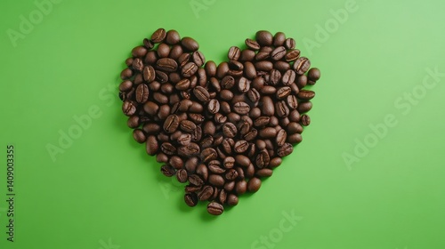 A heart shape created from coffee beans on a vibrant green background, symbolizing love and passion for coffee.