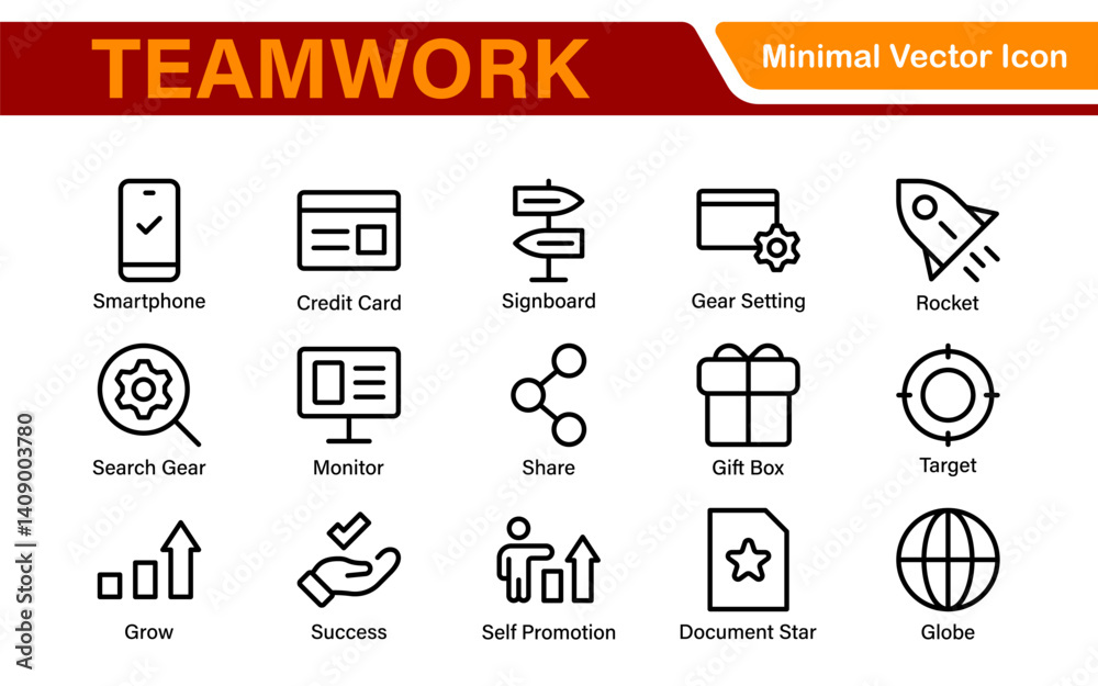 Teamwork linear icons collection. Set of coworking space icons. Business teamwork, team building, work group, and human resources minimal thin line web icon set.