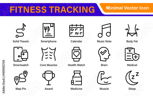 Fitness Tracking Exercise Icons – Modern Outline Symbol Set for Training and Performance Monitoring