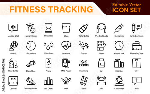 Fitness Tracking Exercise Icons – Modern Outline Symbol Set for Training and Performance Monitoring