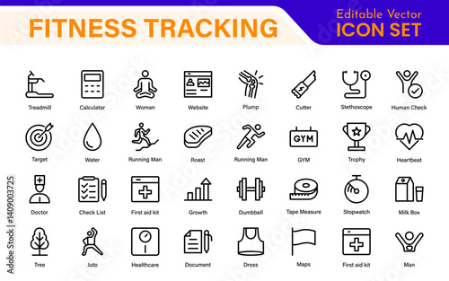 Fitness Tracking Exercise Icons – Modern Outline Symbol Set for Training and Performance Monitoring