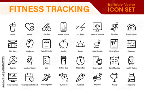 Fitness Tracking Exercise Icons – Modern Outline Symbol Set for Training and Performance Monitoring