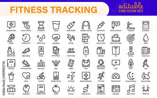 Fitness Tracking Exercise Icons – Modern Outline Symbol Set for Training and Performance Monitoring