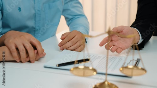 Loving couple seek legal consultation and assistance from law firm, discuss marriage law, proposal weddings and spousal support. Lawyer providing advice on marriage certification. Slow motion. Rigid.