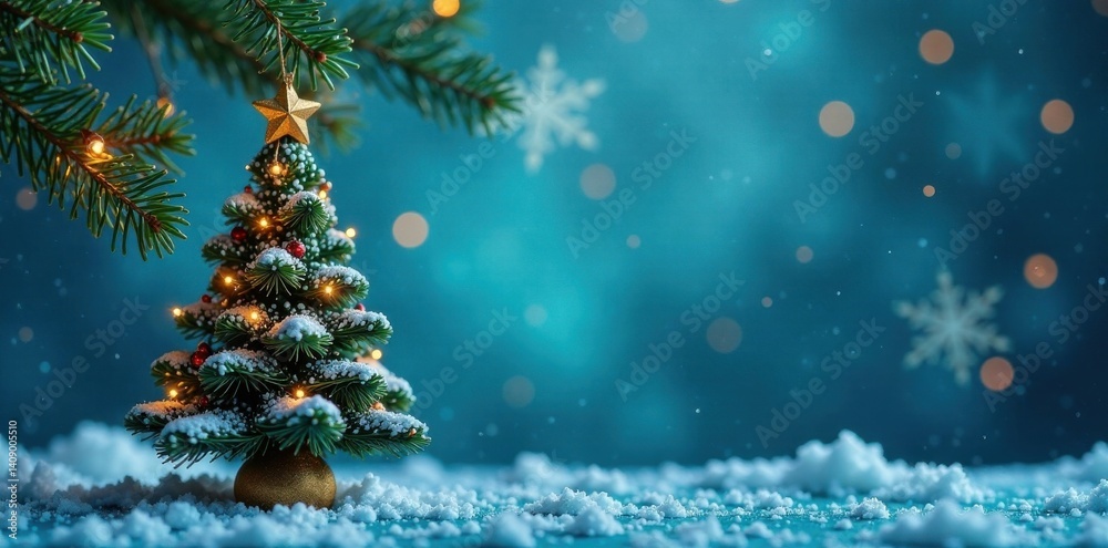 Obraz premium Ornament with Christmas tree and snowflakes hanging on blue background , frost, snow