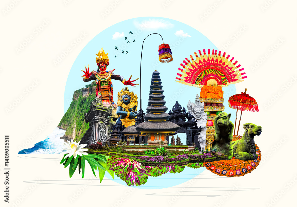 The collage on the theme of Bali, Indonesia. Tamples. Travel and vacation concept