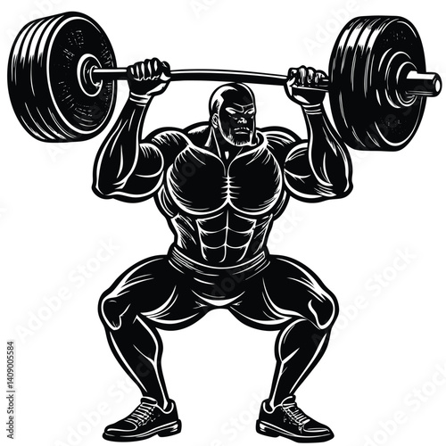 Silhouette of Muscular African American Man Lifting Heavy Barbell, Concentrated Stance