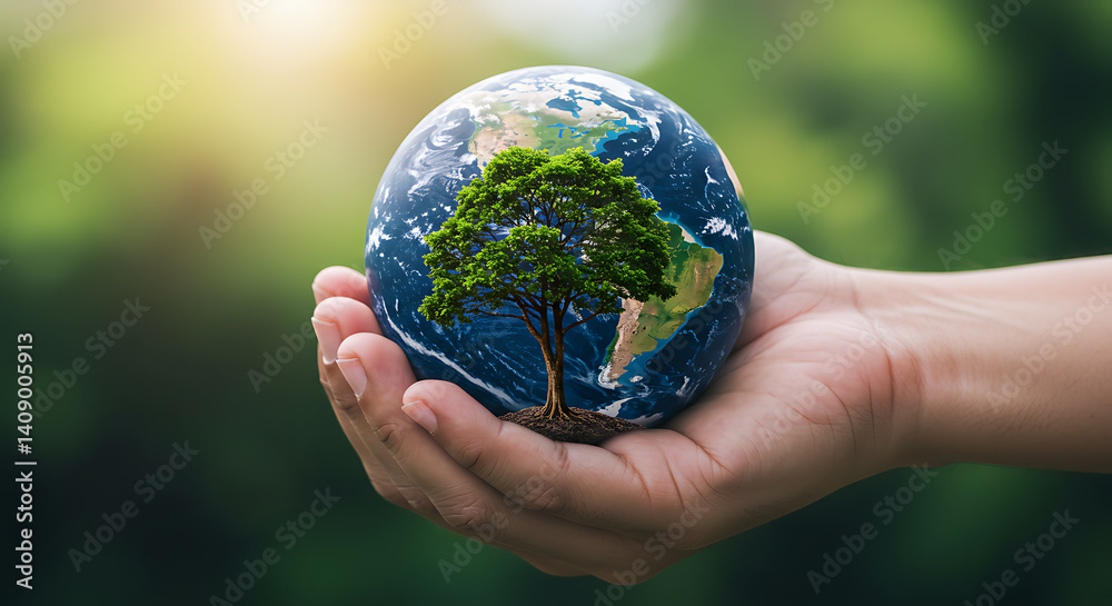 Earth in Hand: Miniature Globe with Tree, Green Bokeh Backdrop Earth in Hand: Miniature Globe with Tree, Green Bokeh Backdrop