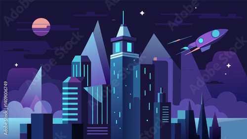 The towering buildings seemed to reach towards the flying vehicles that soared above creating a mesmerizing sight against the dark night sky.. Vector illustration