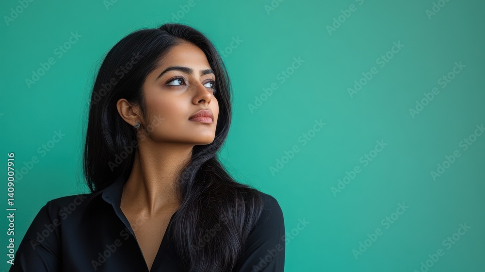 Fototapeta premium A thoughtful woman poses against a vibrant green background, embodying confidence and grace in her expression and demeanor.