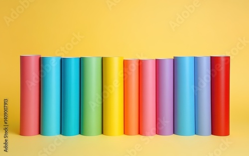 A vibrant collection of colorful rolls of paper stacked closely together.