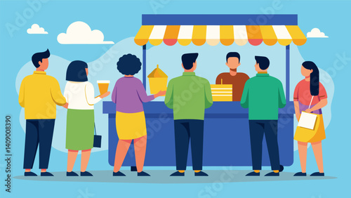 Customers eagerly line up waiting to try a warm freshlymade cachapa from the popular vendors stall.. Vector illustration
