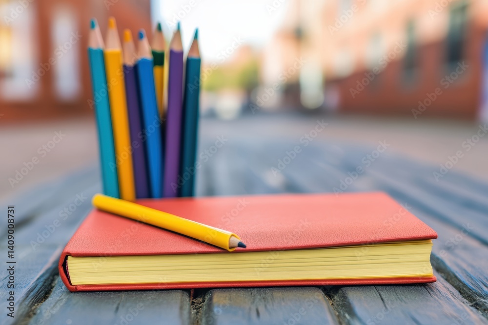 A collection of vibrant pencils arranged neatly on a notebook atop a wooden table.