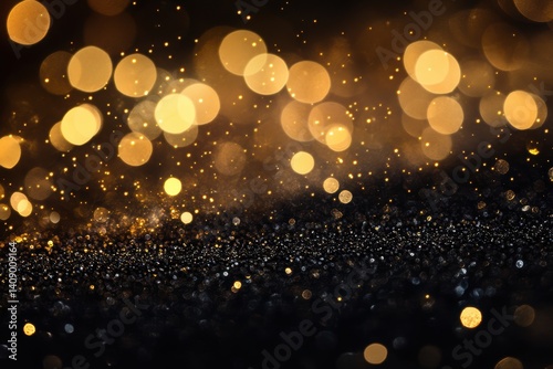 A detailed view of a black and gold backdrop adorned with numerous lights.