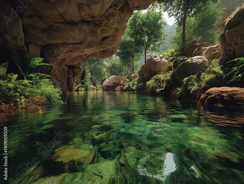 Crystal-clear freshwater spring hidden among rocks and lush vegetation under a cave-like overhang

 photo