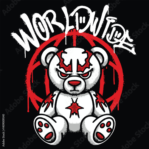 Fierce Teddy Bear Illustration with slogan Worldwide Urban Streetwear Art